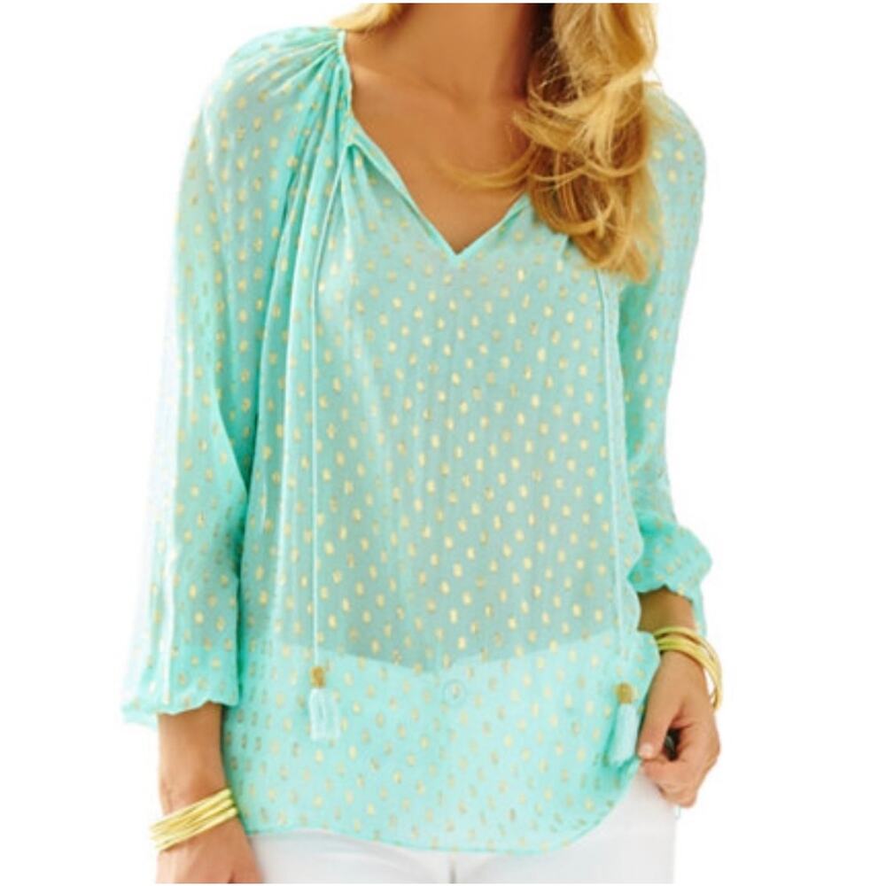 Lilly Pulitzer Rilla Silk Chiffon Sheer Top Mint Gold Jacquard Size XXS